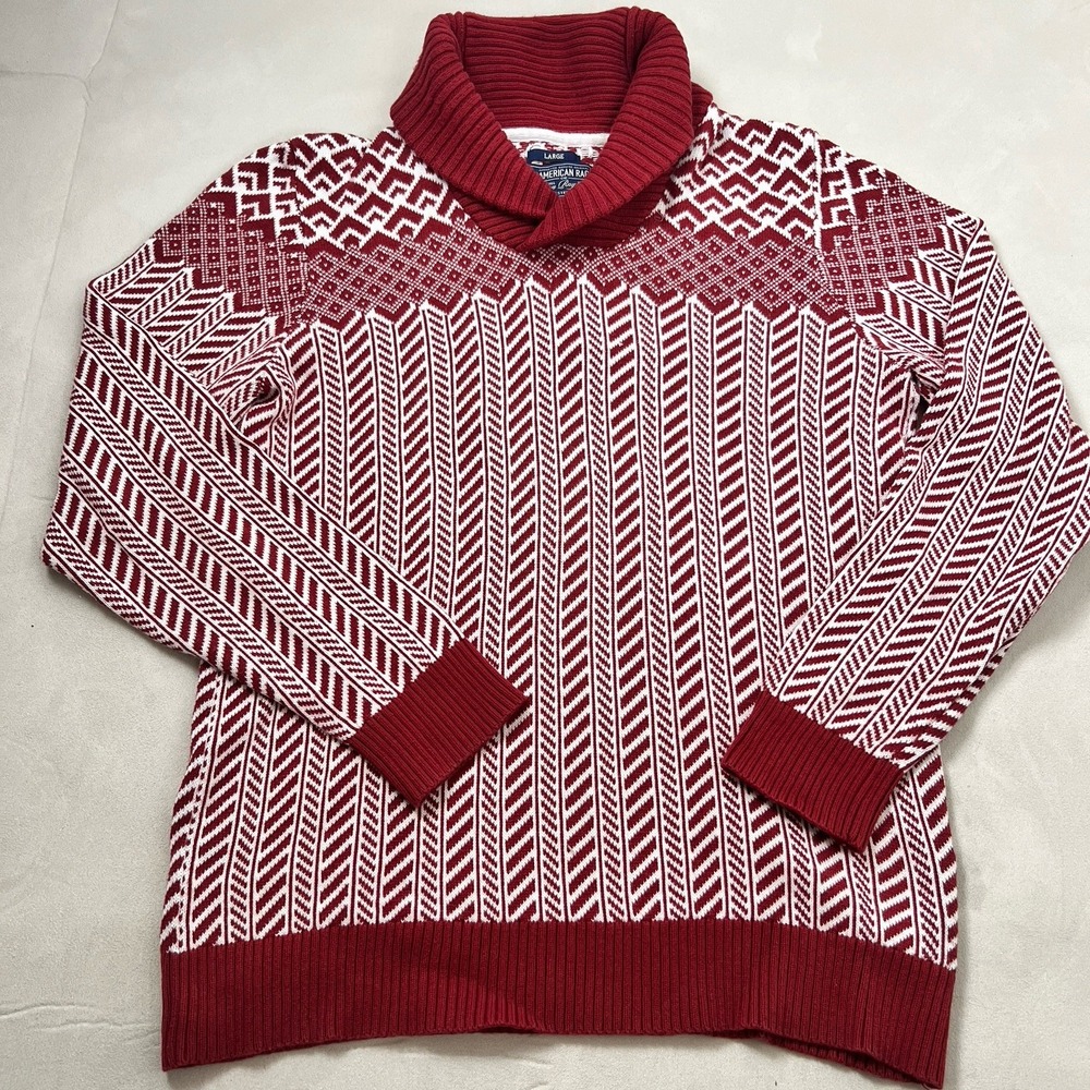 American Rag Sweater Mens Size Large Red Ivory Shawl Collar 100% Cotton Pullover